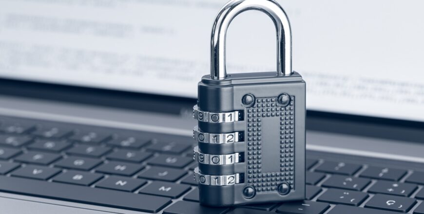 Network Security protection concept. Cyber attack protection. Closed padlock on laptop
