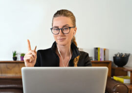 young business woman student teacher tutor coach psychologist headphone, conference calling on laptop computer talk by webcam learn teach in online chat, distance webinar online teaching concept